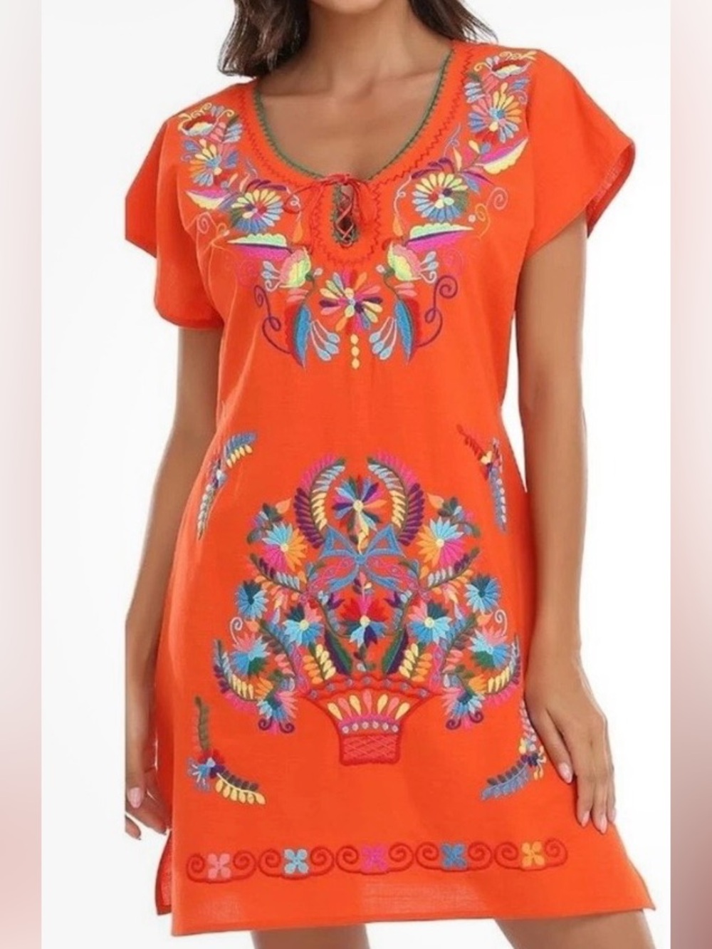 YZXDORWJ Mexican Embroidered Fiesta Dress Sz L V Neck Short Sleeve Coastal Beach